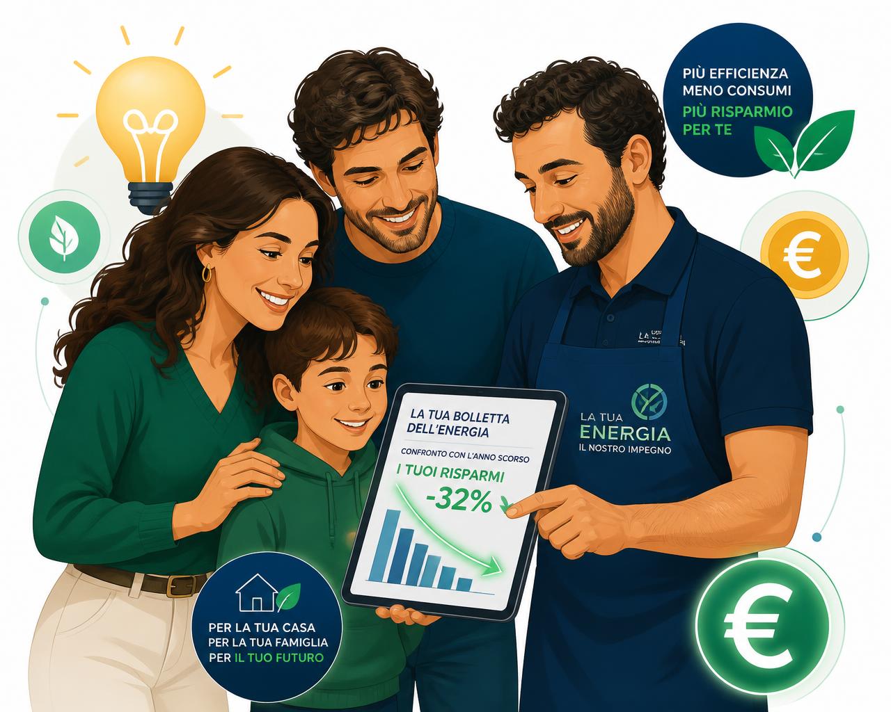 Famiglia e consulente energetico analizzano insieme il risparmio in bolletta